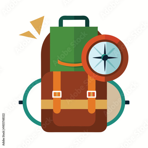 Hiking backpack and compass on white background vector illustration