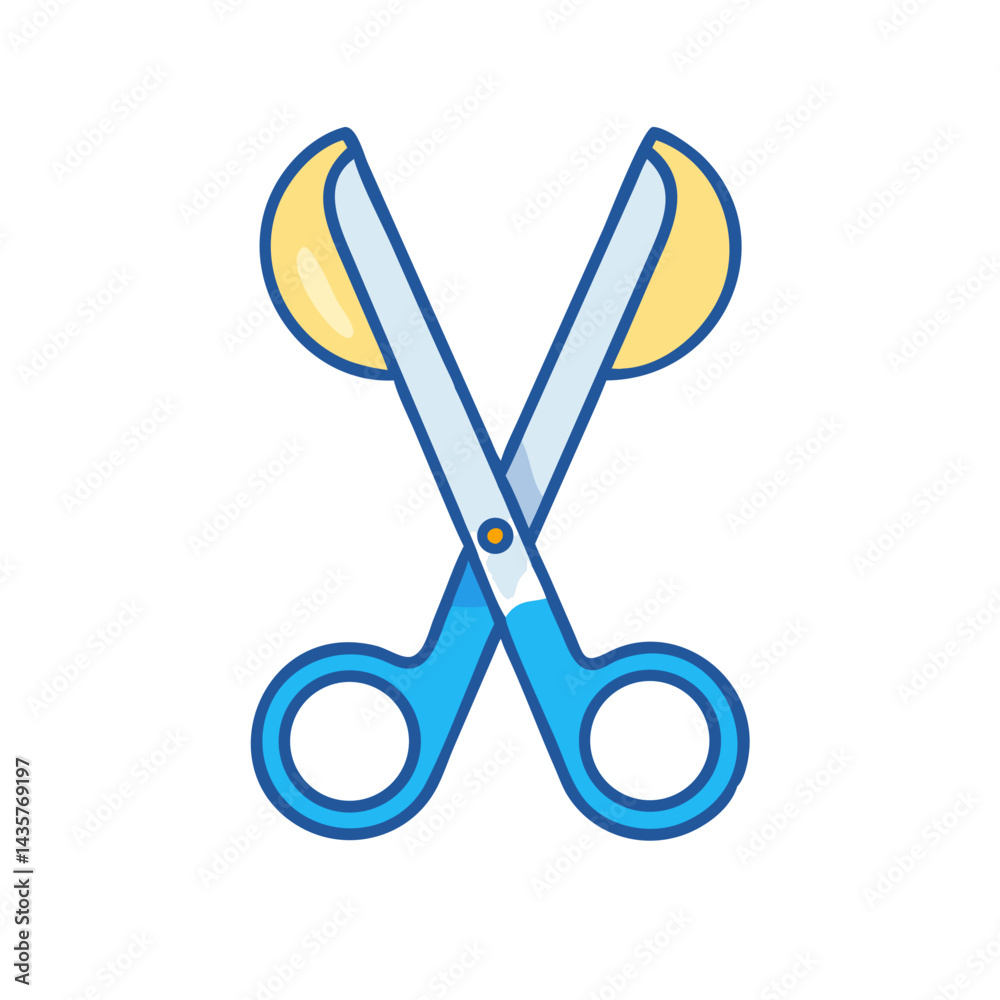 Open blue and white scissors on a black background Open blue and white scissors on a black background