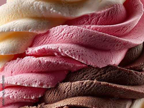 tri-color ice cream texture, vanilla, strawberry and chocolate