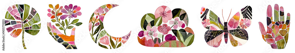 Obraz premium PNG Colorful floral mosaic designs, element set on transparent background