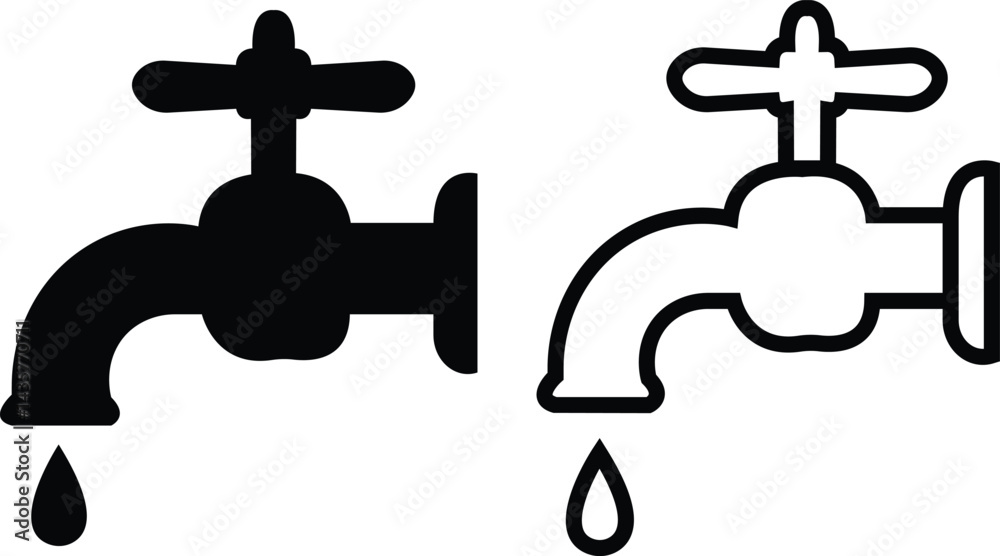 Set of water tap faucet with drops silhouette vectors for conservation awareness in black flat, outline style. Bathroom tap drip symbols. Water Supply illustration isolated on transparent background. Set of water tap faucet with drops silhouette vectors for conservation awareness in black flat, outline style. Bathroom tap drip symbols. Water Supply illustration isolated on transparent background.