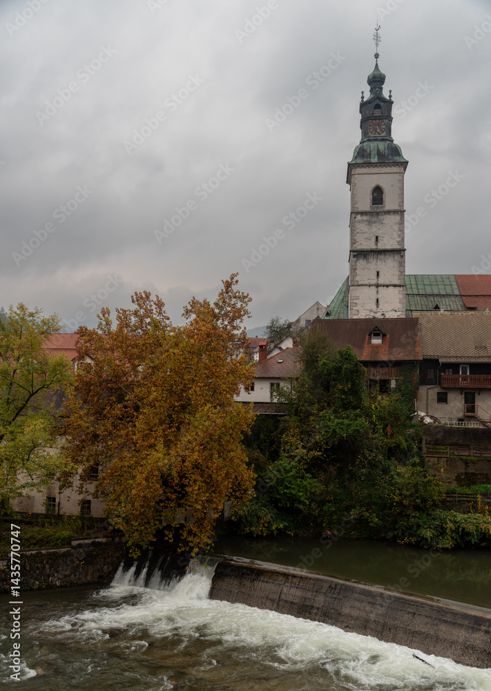 Old medieval town of skofja loka and sora river , Slovenia