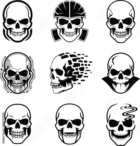 Skull Outline Silhouette Set | Skeleton Head Vector Art Skull Drawing Silhouette | Horror and Anatomy Design