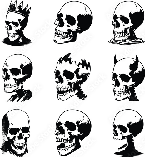 Skull Outline Silhouette Set | Skeleton Head Vector Art Skull Drawing Silhouette | Horror and Anatomy Design