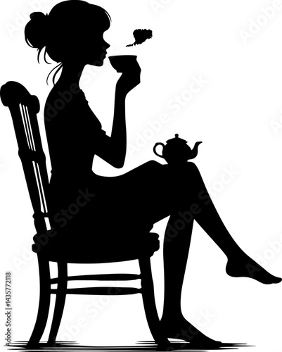 Happy woman holding glass mug with hot drink cartoon, winter landscape outside. Vector isolated girl sitting in armchair, cozy winter rest at home. Female drinking tea or coffee by window