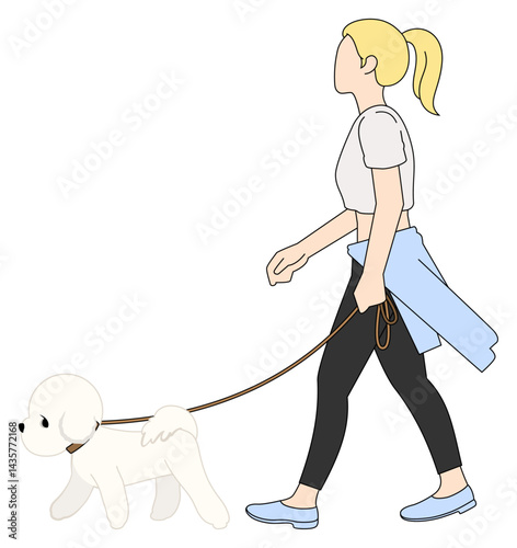 강아지와 함께 산책하는 사람 라인 일러스트