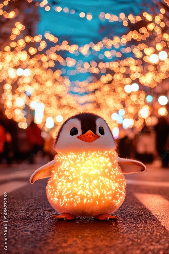 Fototapeta premium Cute penguin figurine in illuminated Christmas lights
