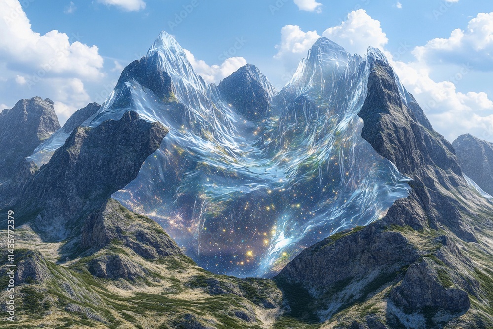 Obraz premium Majestic mountain peaks glow under a starlit sky with a cosmic display in the night