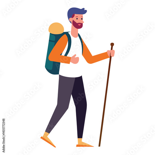 Man holding hiking sticks on mountain trail vector illustration