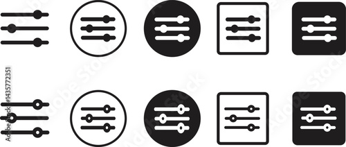 Filter control icon set. Adjustment illustration sign use for admin panels, website, interfaces and mobile apps isolated on transparent background. Custom filter ui button. Settings bar glyph vectors.
