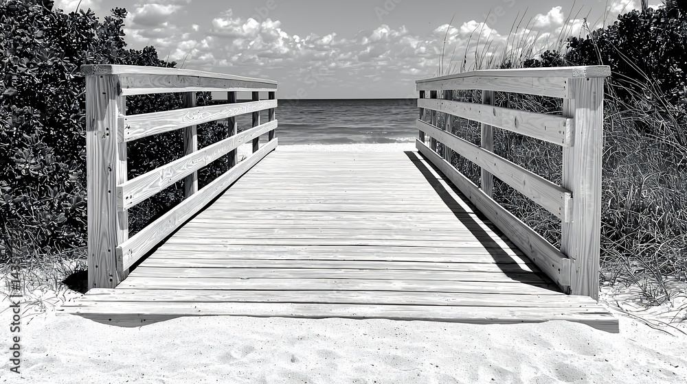 Obraz premium Wooden Boardwalk to Sandy Beach Ocean View Black and White Photography