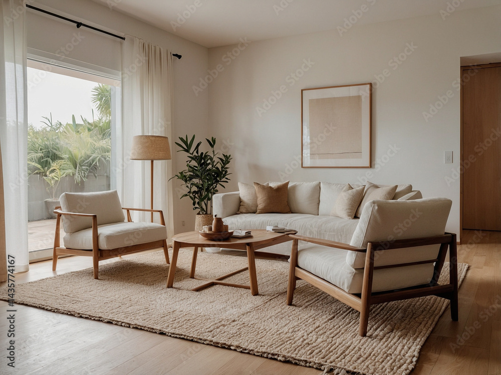Fototapeta premium Cozy scandinavian living room sofa modern home interior design minimalist natural light comfort concept