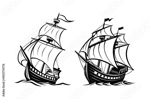 A silhouette set of a  90s Old ship, vintage black and white, white background, minimal details vector