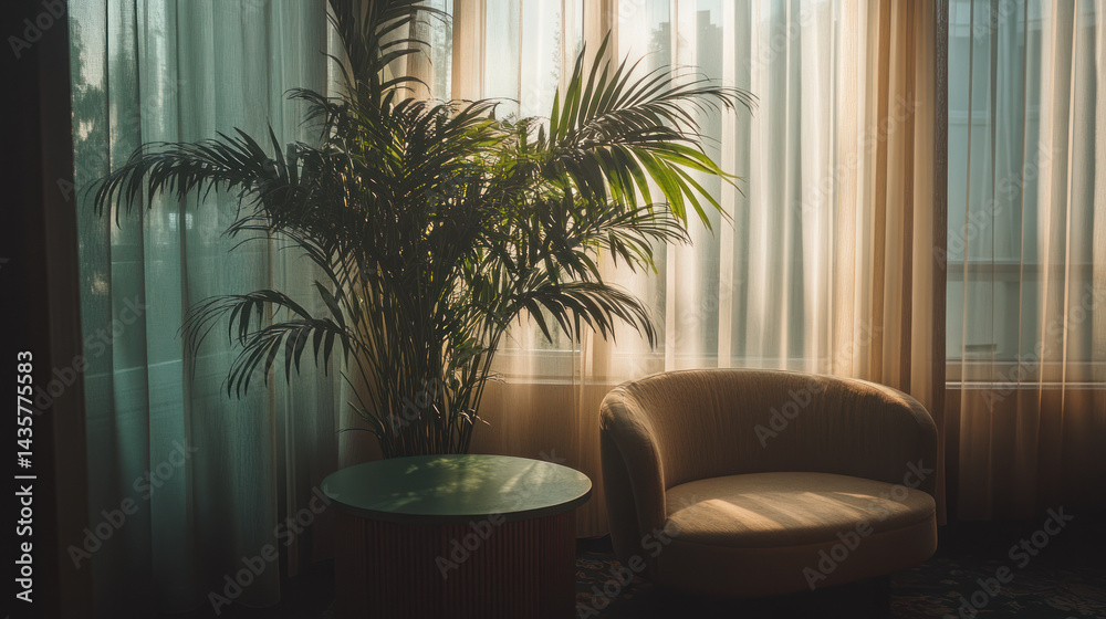 Fototapeta premium Serene Interior Scene: A tranquil indoor scene showcases a lush potted plant alongside a cozy armchair and a small table, all bathed in soft, natural light filtering through elegant curtains.