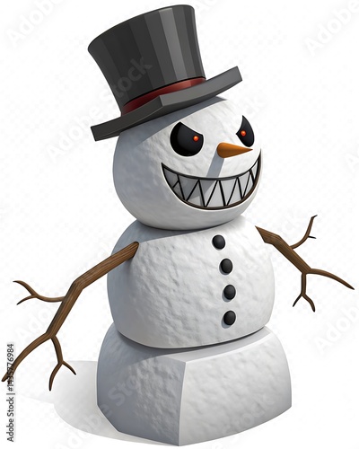 Creepy Snowman with a menacing grin and a top hat.