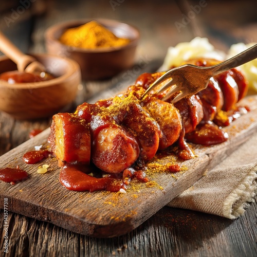 traditional German currywurst served on a rustic wooden board, sliced sausage generously topped with rich curry ketchup sauce and sprinkled with curry powder