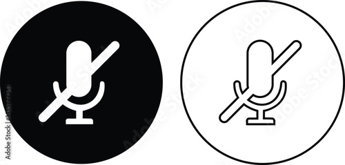 Mute microphone icons set in black flat and outline styles. Podcast mike, journalist microphone and karaoke vectors illustration. Recording Studio Symbols isolated on transparent background.