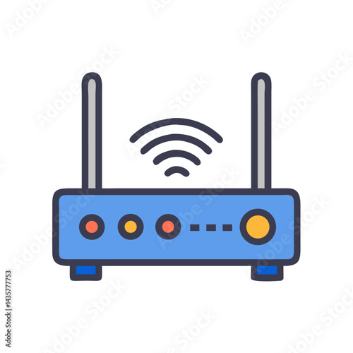 Stylized router icon with blue and antenna on black