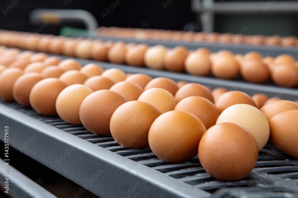 Rows of brown eggs on a gray conveyor belt in a factory setting view close up Rows of brown eggs on a gray conveyor belt in a factory setting view close up