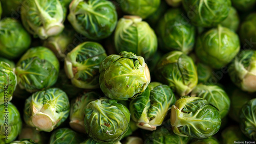 A dense cluster of fresh, bright green Brussels sprouts filling the frame, highlighting their tightly packed leaves and natural texture.
