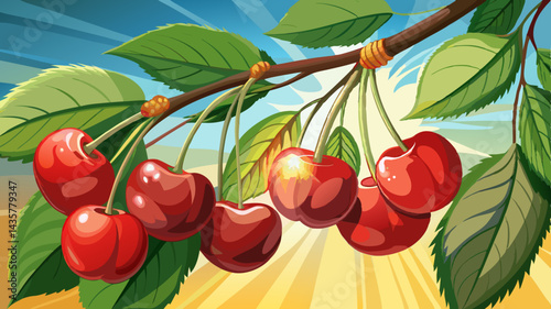 A cluster of ripe cherries hanging from a branch in the summer sun
