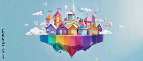 Flat design houses on a rainbow floating island with geometric clouds and playful architectural elements. Minimal shadows texture.