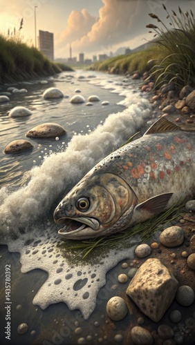 A Dead Fish in a Polluted Urban Stream, a Symbol of Environmental Degradation