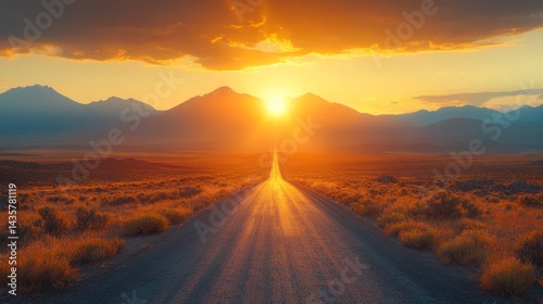 Aerial view of endless highway stretching into horizon under golden sunset, symbolizing boundless opportunities and journey to success. Road trip, travel adventure and freedom concept.