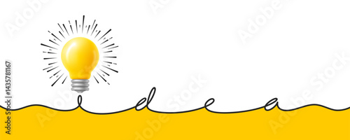 Сoncept of idea, brainstorm, teamwork. Idea lettering. Yellow 3d light bulb with rays, word Idea handwritten by continuous line. Cute design elements for print, web. Isolated Vector illustration