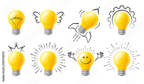 Сoncept of idea, brainstorm, teamwork signs. Set of yellow 3d light bulbs with hand drawn rays, wings, crown, face, rocket, gear. Cute design elements for print, web. Isolated Vector illustration