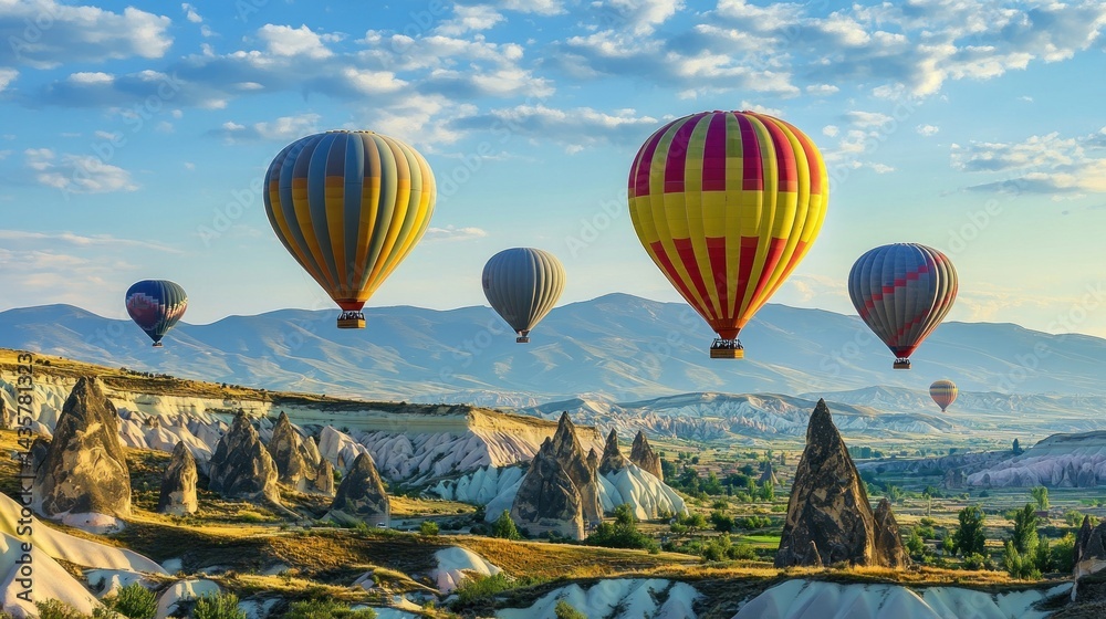 Fototapeta premium Hot Air Balloons Flying Over Cappadocia's Unique Landscape at Sunrise