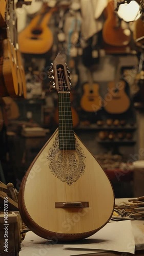 Close up of an ornate bandurria instrument with detailed woodwork in workshop setting