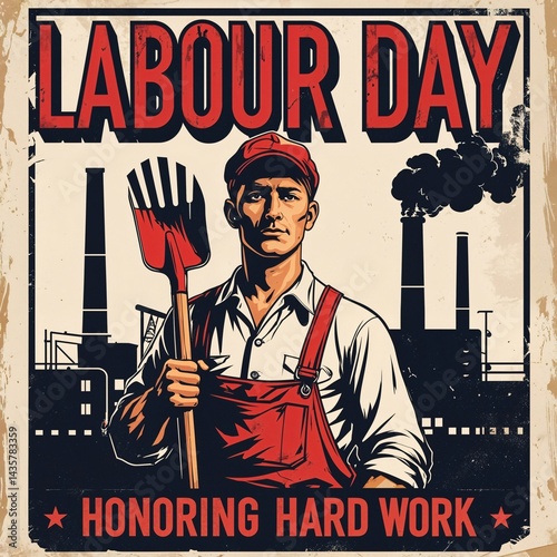 Create a vintage-style Labour Day poster with bold, distressed typography and a retro worker�s image in the center. A worker wearing a cap, holding a shovel, stands in front of a factory with smokesta