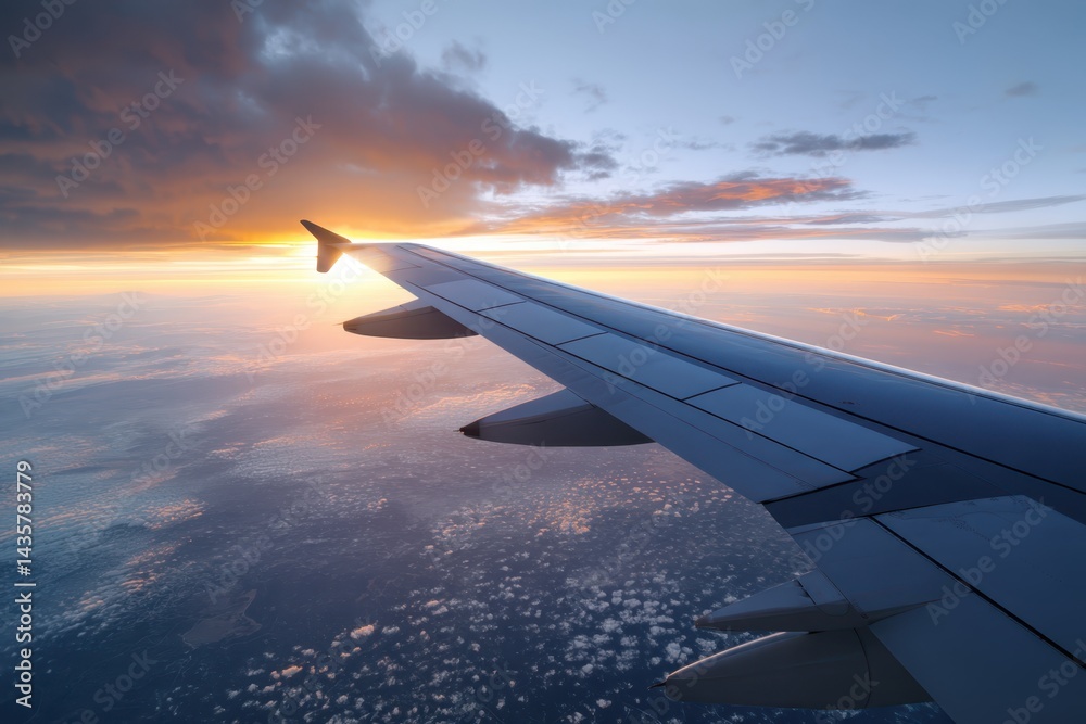 Obraz premium Aerial view featuring airplane wing against a vibrant sunset and cloudscape