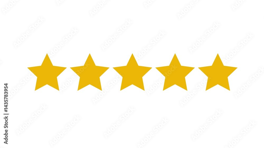 Five golden stars rating animation on a white background