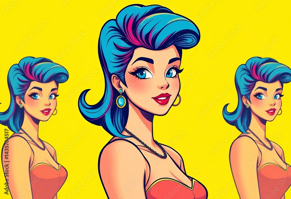 Obraz premium Retro-styled illustration, vibrant hair, confident pose, yellow background, vector art, colorful