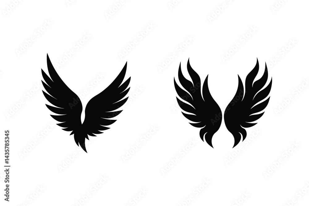 Two Pairs Of Decorative Stylized Wings On A White Background In Black Color