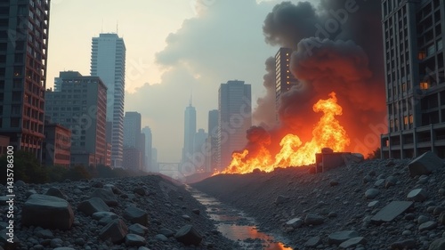 Devastating urban fire and smoke engulfing cityscape during dramatic evening scene.