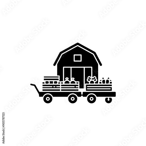 A Cart Loaded with Crates of Freshly Harvested Vegetables Parked Beside a Barn