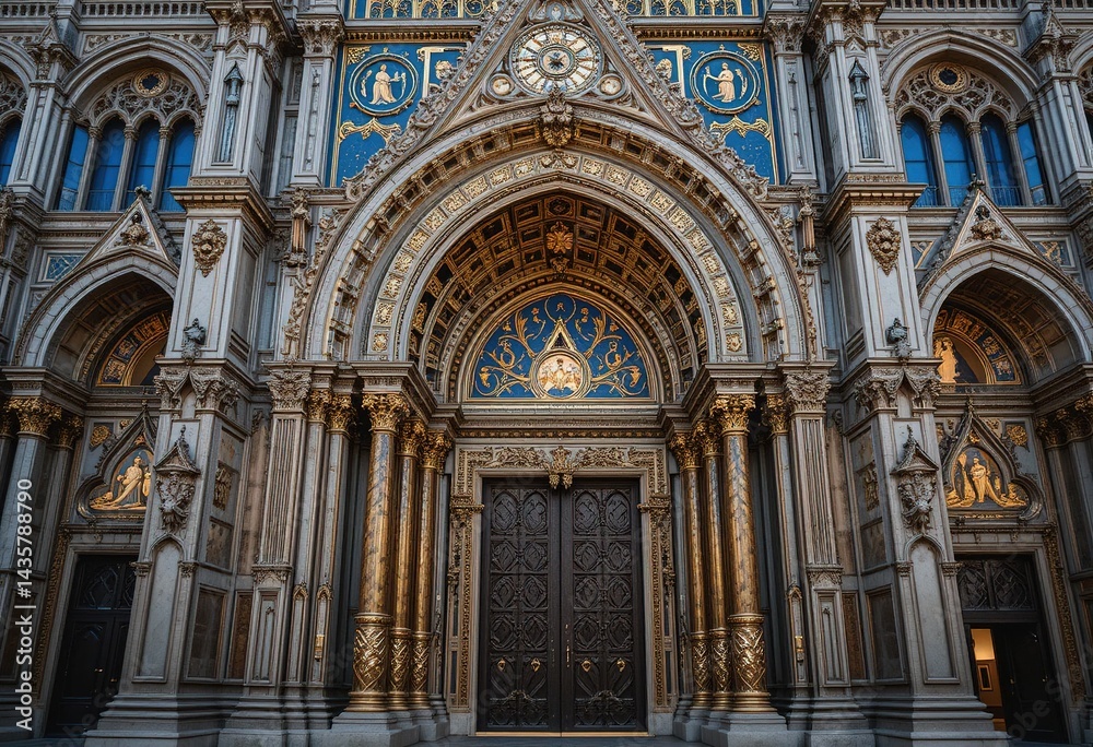 Fototapeta premium Ornate Historic Cathedral Entrance with Golden Details and Arches