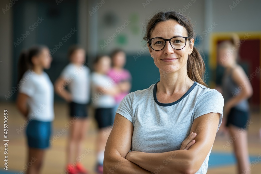 Fototapeta premium Confident female coach poses with arms crossed, surrounded by her young female athletes in a gym.