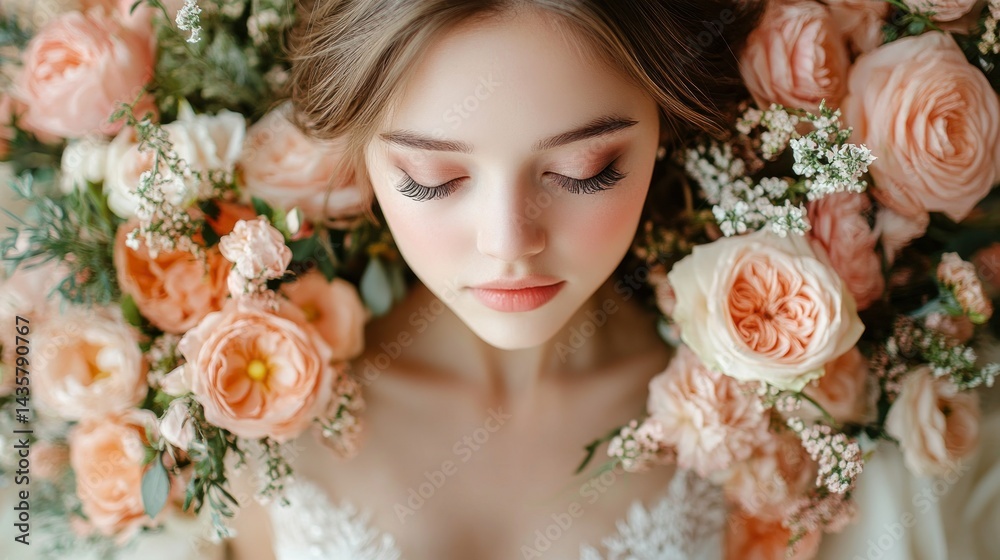 Naklejka premium Elegant bride surrounded by peach roses