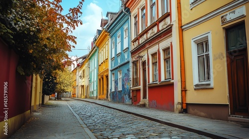 Colorful facades on a historic cobblestone street in a European town
