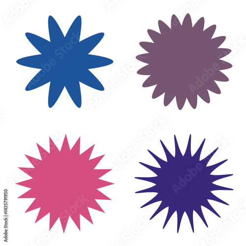 Set of vector starburst, sunburst badges. Nine different color. Simple flat style Vintage labels. Design elements. Colored stickers. A collection of different types and colors icon. eps10
