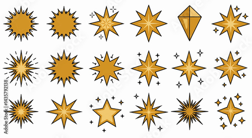 A digital illustration with bold, cartoonish letters, featuring exploding golden star shapes, dark lines and white highlights, in a sleek vector style with smooth color fills and sharp edges. Vector 