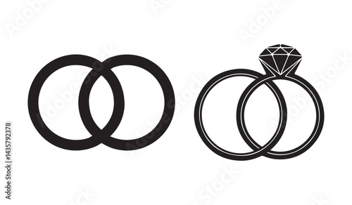 Minimalist Black Silhouette of Two Interlocking Wedding Rings Vector Illustration