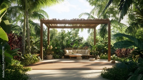 Tropical Retreat, Serene Outdoor Lounge Surrounded by Lush Greenery