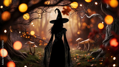 A witch in a black dress walks along a forest path illuminated by mystical lights.