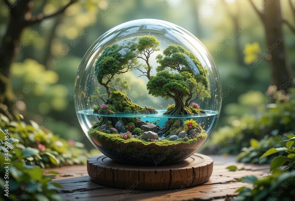 Fantasy Bonsai Tree Inside Glass Sphere in Enchanted Forest