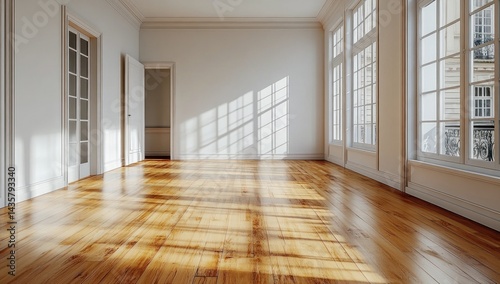 Empty sunlit room with polished hardwood floors. photo